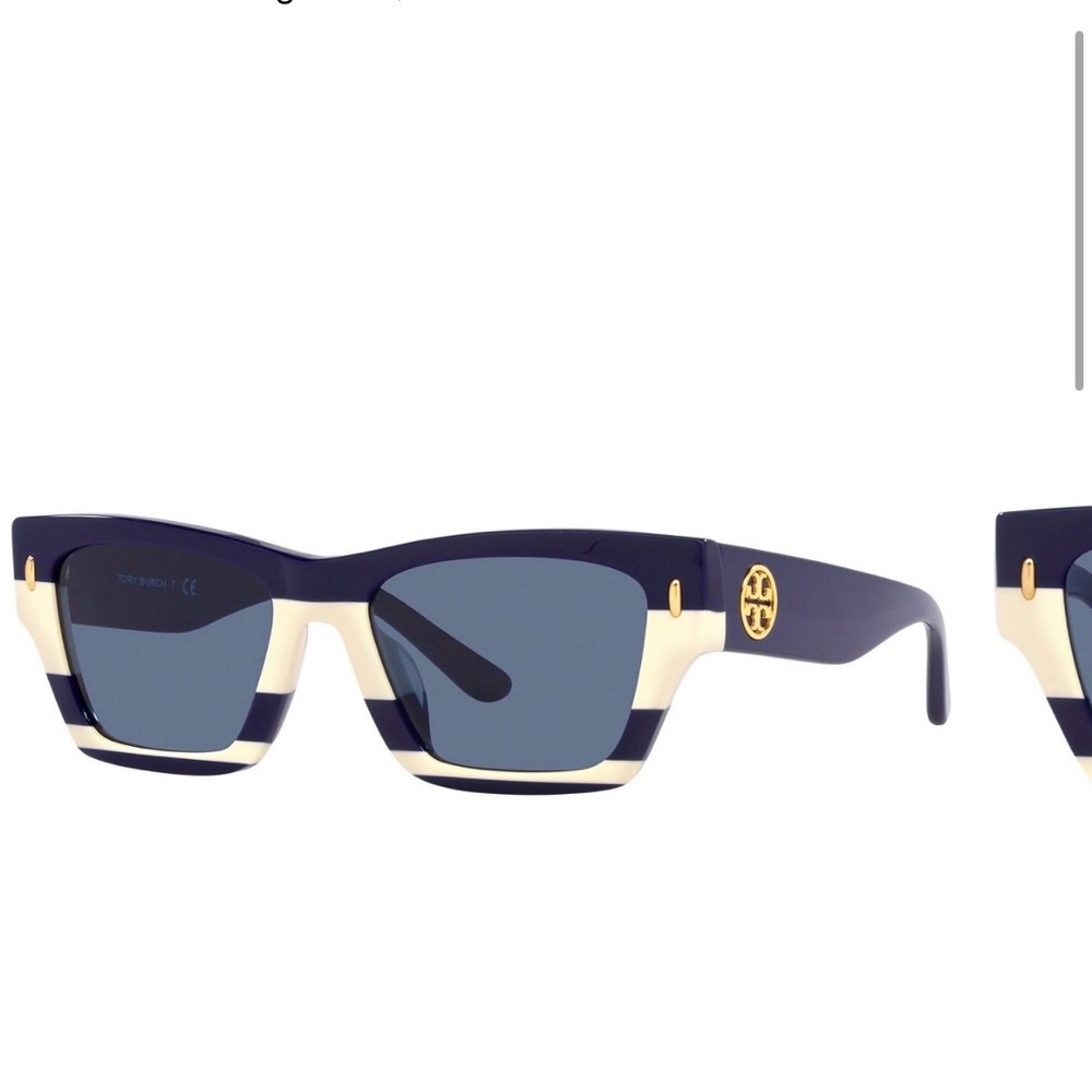Tory Burch Navy and Cream Striped Sunglasses with Blue Lenses